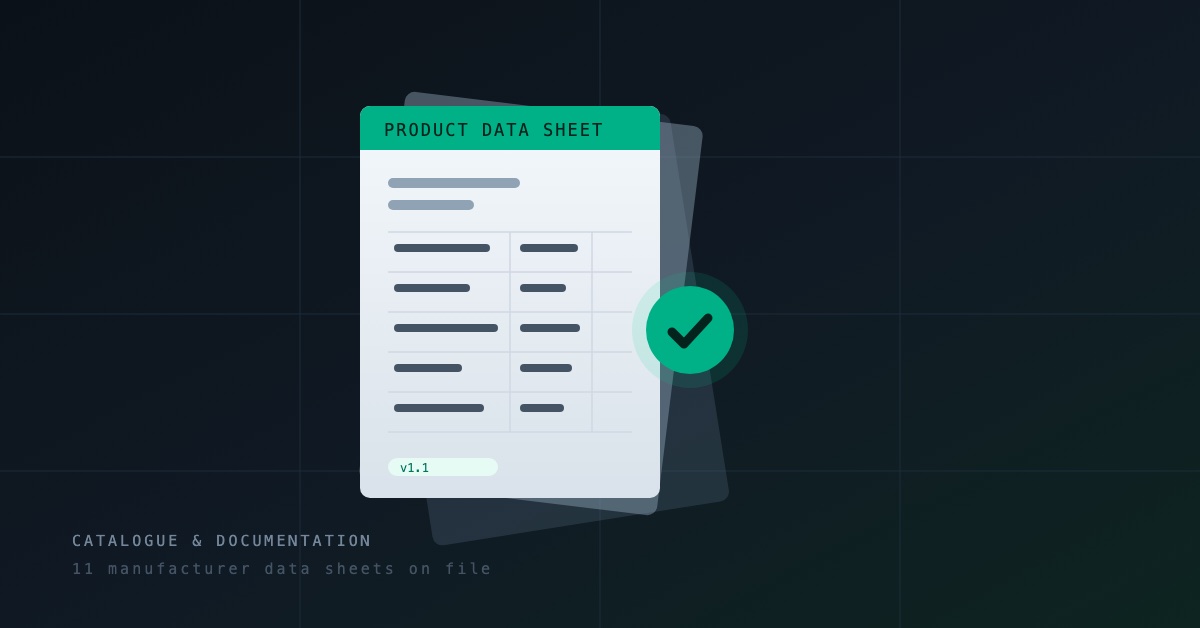 Stacked manufacturer product data sheets with a verification mark